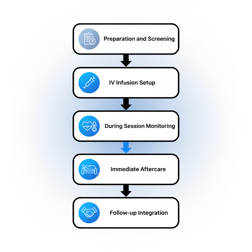 Visual diagram outlining the step-by-step ketamine treatment process at Charleston Ketamine Center including preparation, infusion, monitoring, aftercare, and follow-up.