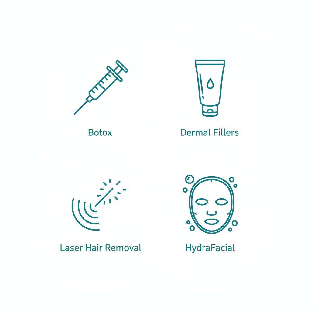 Grid of icons representing medical spa treatments: Botox syringe, dermal fillers tube, laser hair removal beam, and HydraFacial mask.