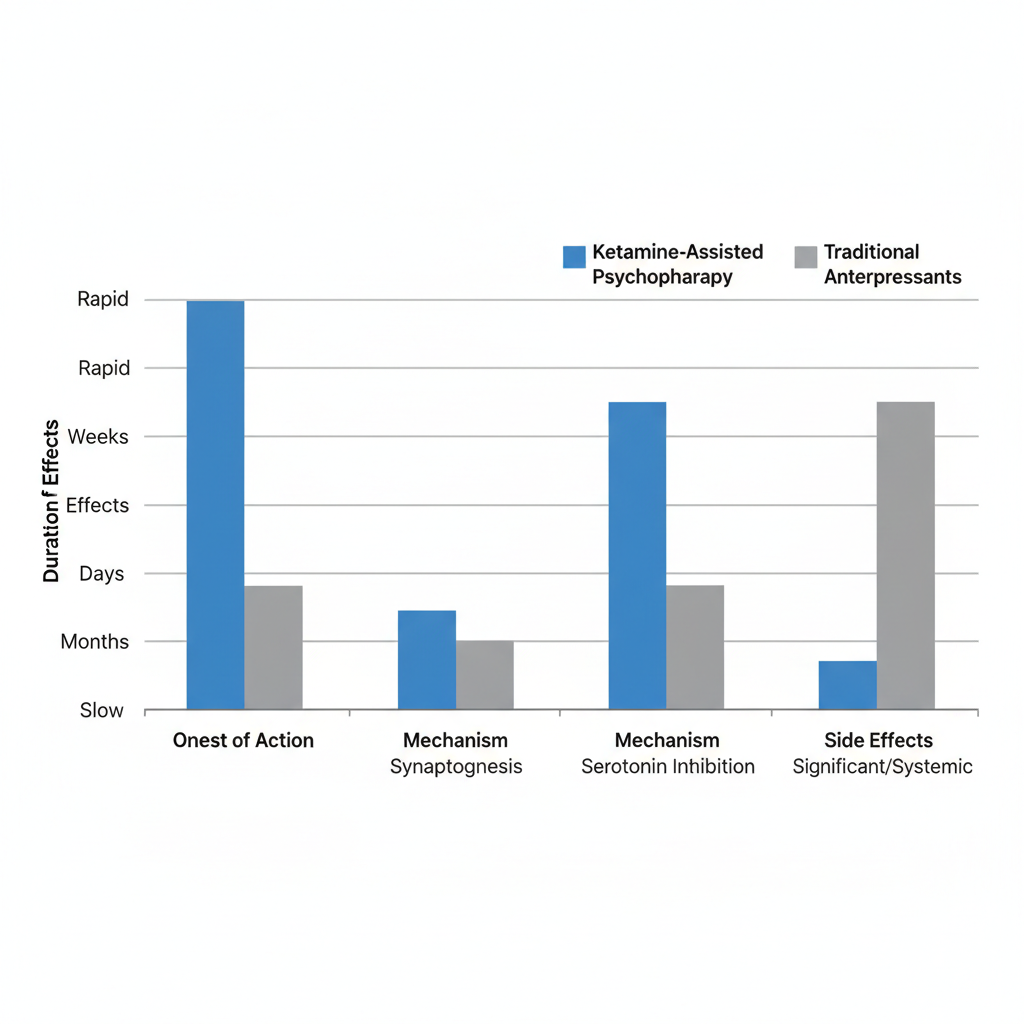 Bar chart comparing ketamine therapy and traditional antidepressants on onset, duration, mechanism, and side effects