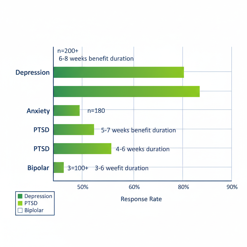 Horizontal bar chart showing ketamine therapy response rates for depression, anxiety, PTSD, and bipolar disorder