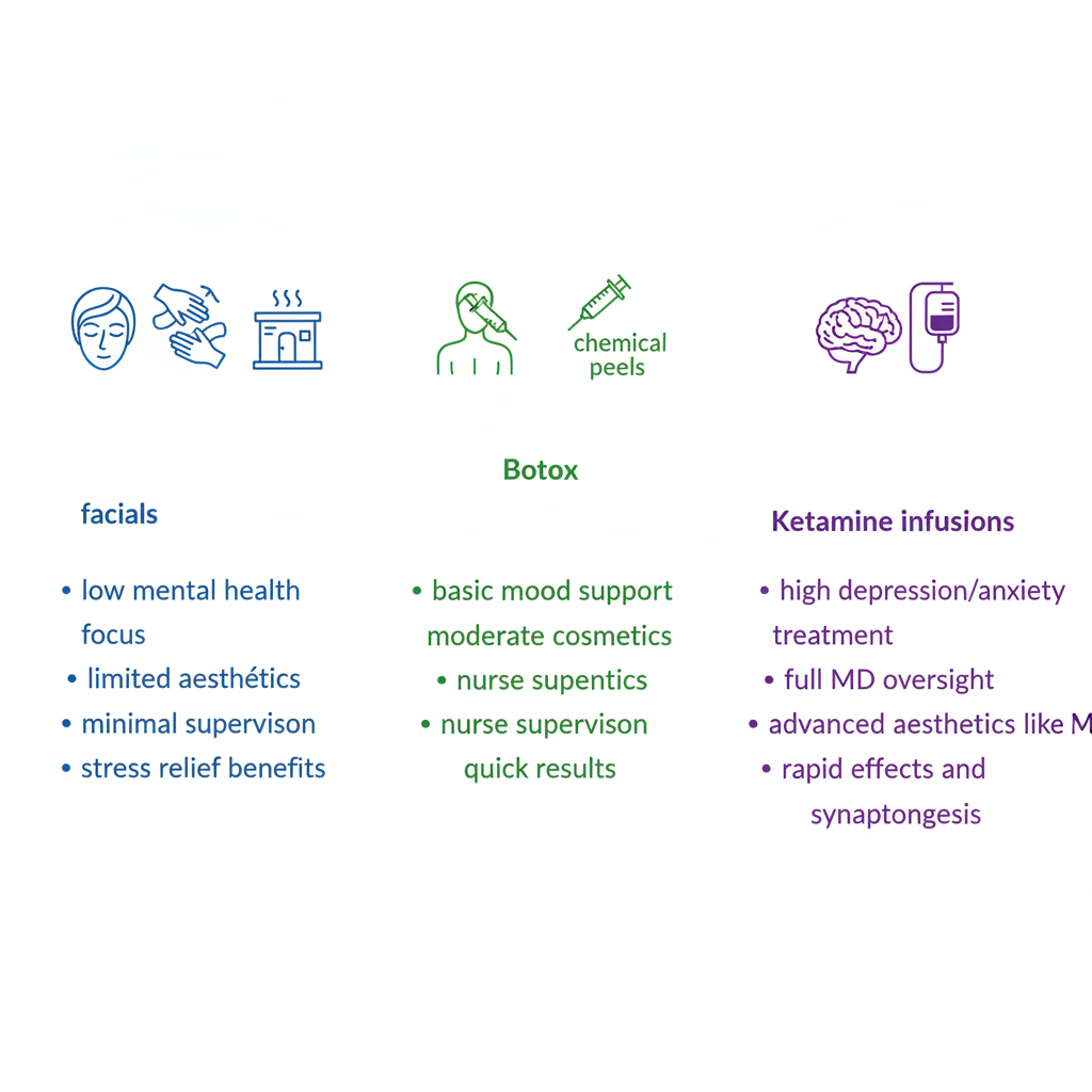 Infographic comparing traditional spas, med spas, and clinical centers in Charleston with icons, benefits, and supervision levels.
