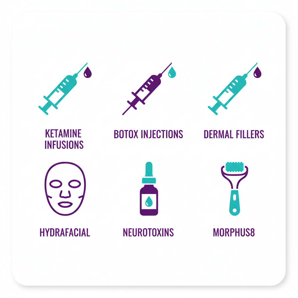 Grid of icons depicting ketamine infusions, Botox, dermal fillers, HydraFacial, neurotoxins, and Morpheus8 services