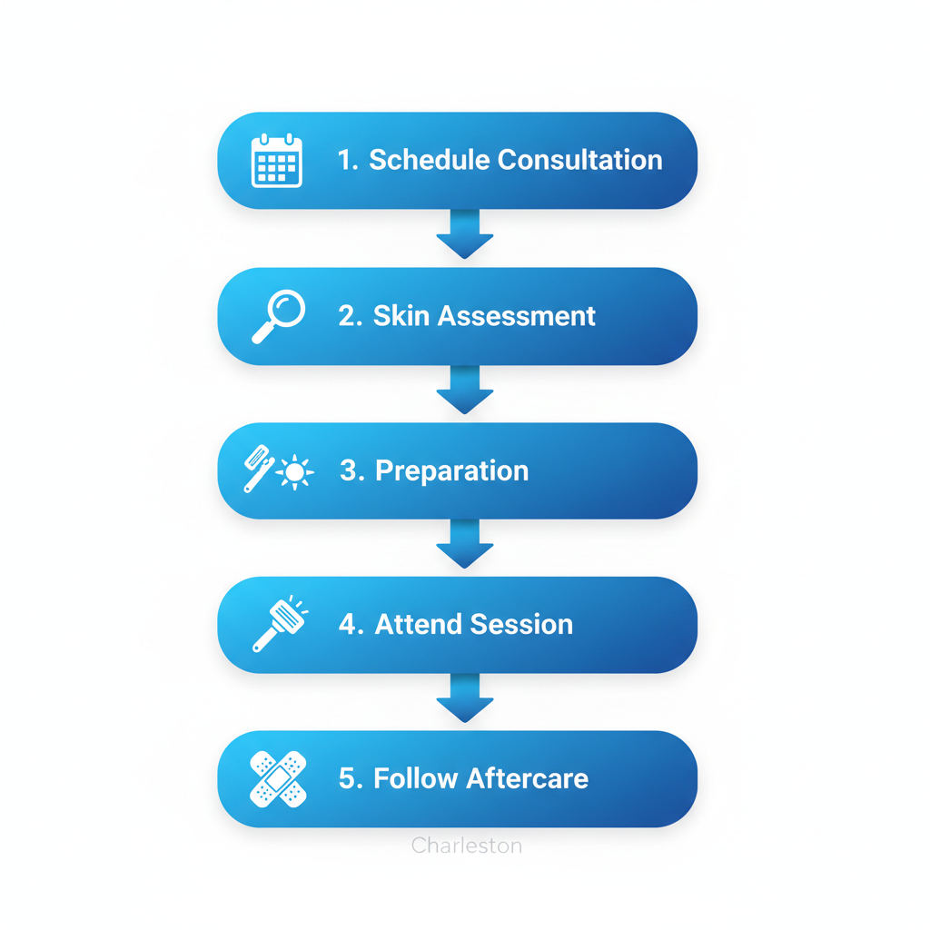 Vertical process flow diagram showing five steps for starting laser hair removal treatment in Charleston