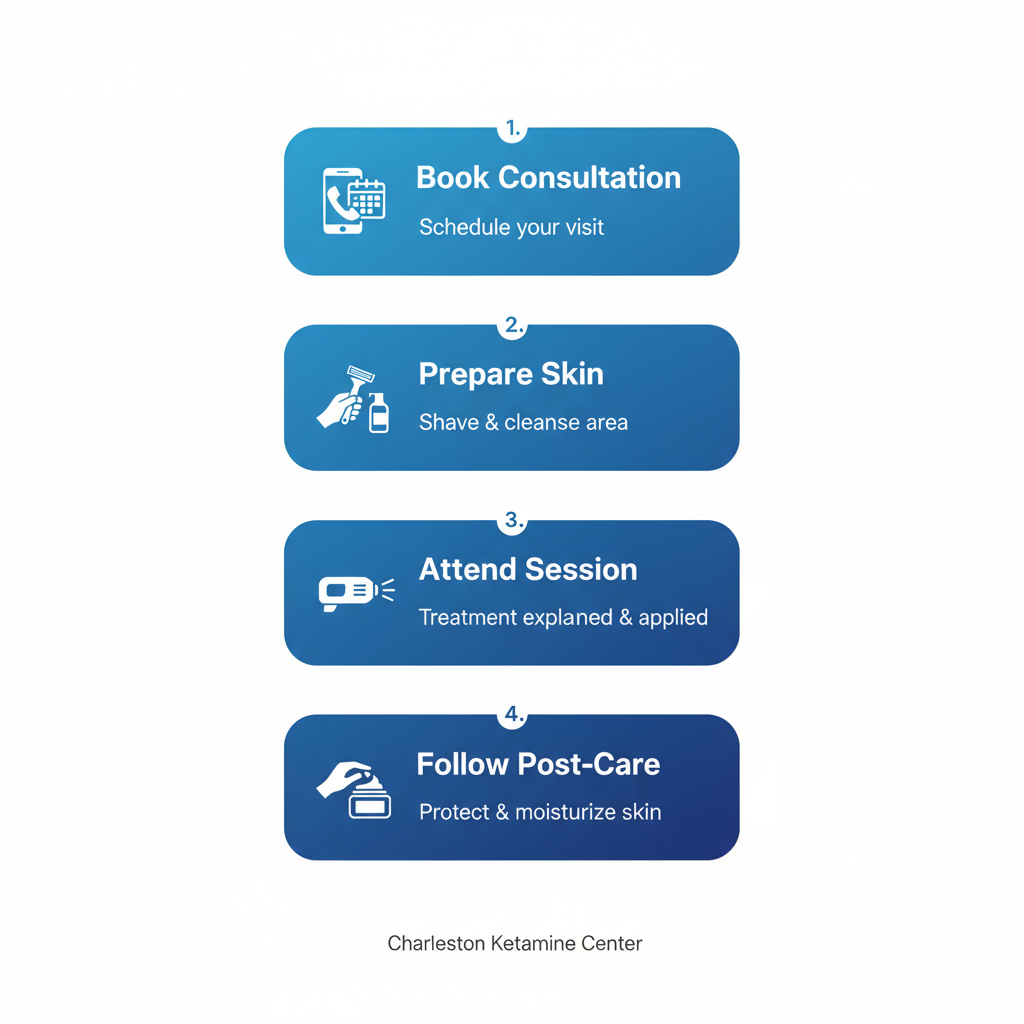 Vertical process flow diagram illustrating the four steps to start laser hair removal treatment at Charleston Ketamine Center, featuring icons for consultation booking, skin preparation, session attendance, and post-care.