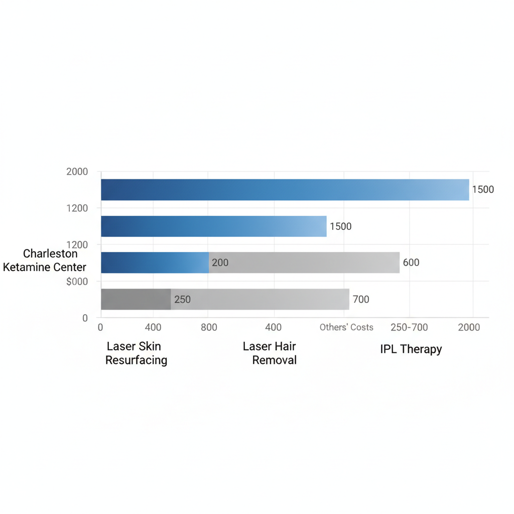 Horizontal bar chart comparing laser treatment costs at Charleston Ketamine Center versus other local clinics for skin resurfacing, hair removal, and IPL therapy