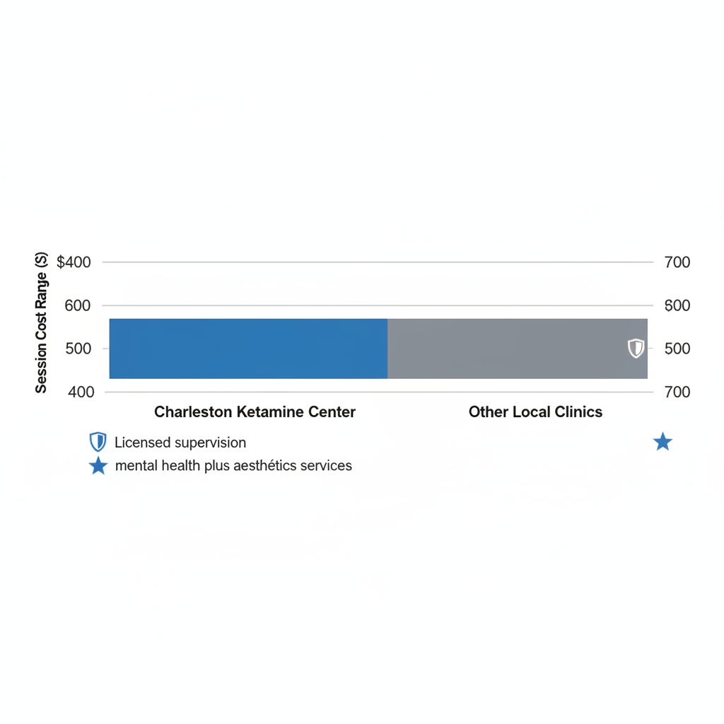 Bar chart comparing ketamine therapy session costs between Charleston Ketamine Center and other local clinics, with icons for supervision and additional services