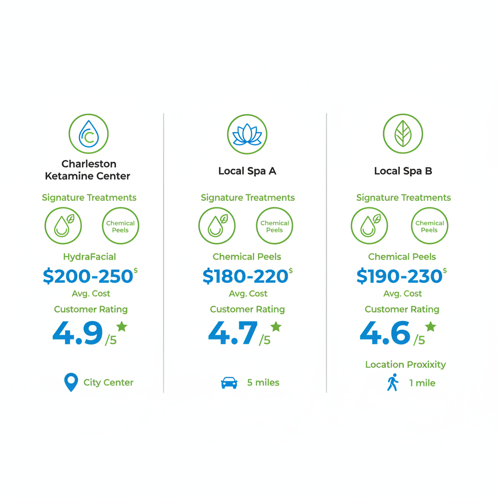 Infographic comparing facial spa services in Charleston, including treatments, costs, ratings, and locations for three providers.
