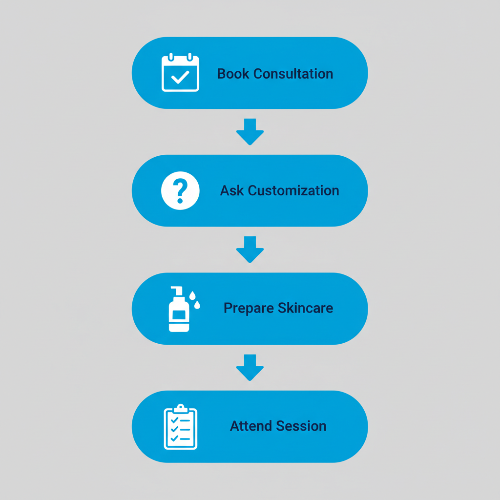 Vertical process flow illustrating five steps to start facial treatments: book consultation, ask about customization, prepare skincare routine, attend first session, follow post-treatment care.