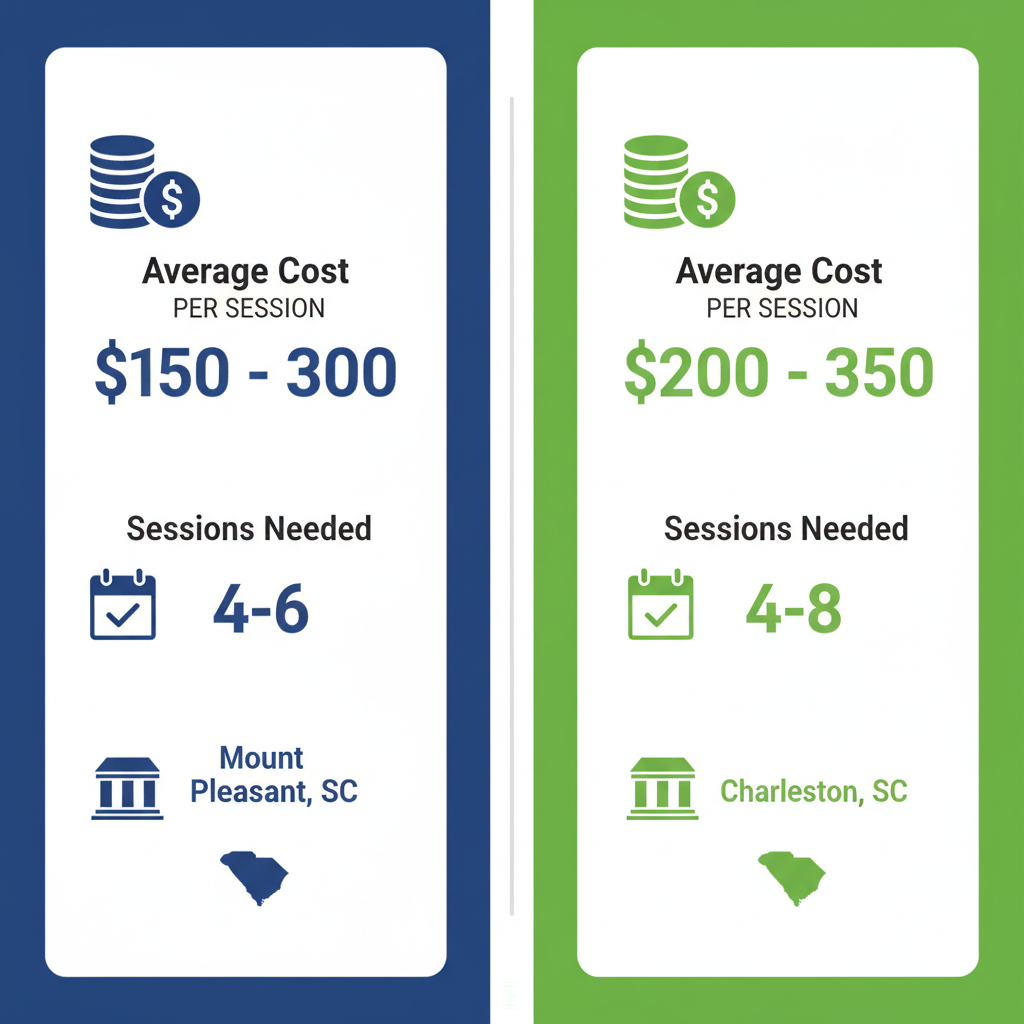 Infographic comparison of laser hair removal costs, sessions, and services in Mount Pleasant and Charleston, South Carolina