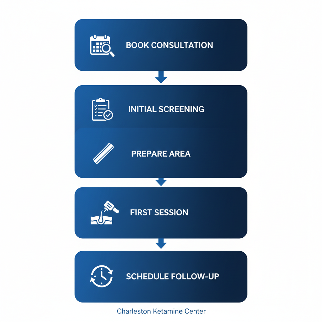 Vertical process flow diagram illustrating the five steps to begin laser hair removal treatment, including consultation booking, screening, preparation, first session, and follow-up scheduling.