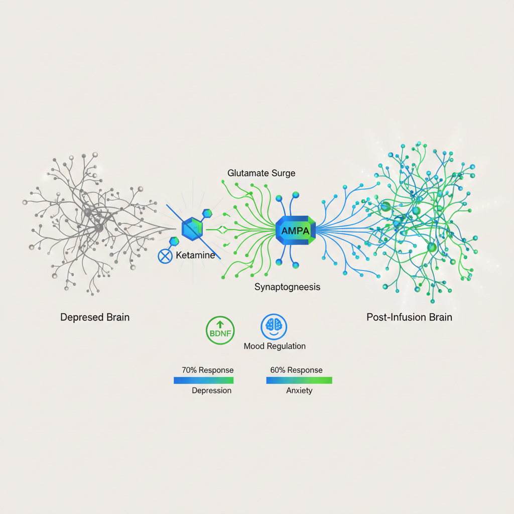 Infographic illustrating ketamine's brain plasticity mechanisms, showing neural changes before and after treatment with clinical evidence statistics.
