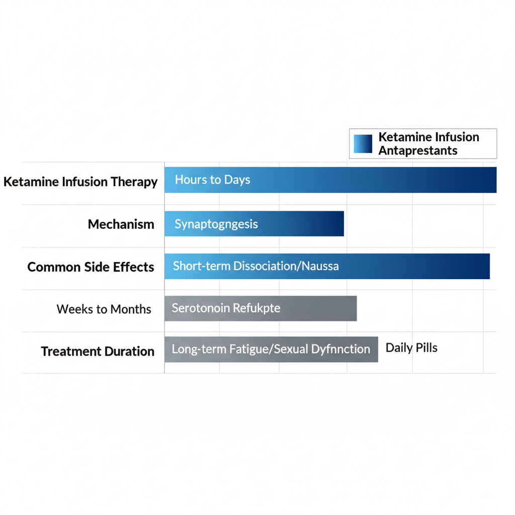Horizontal bar chart comparing ketamine therapy to traditional antidepressants on key aspects like onset, mechanism, side effects, and duration.