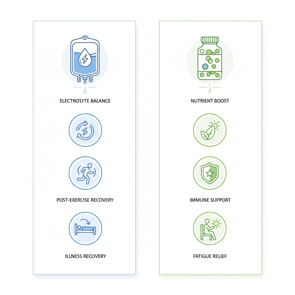 Infographic comparing IV hydration therapy and vitamin IV therapy with icons for benefits and uses in blue and green schemes