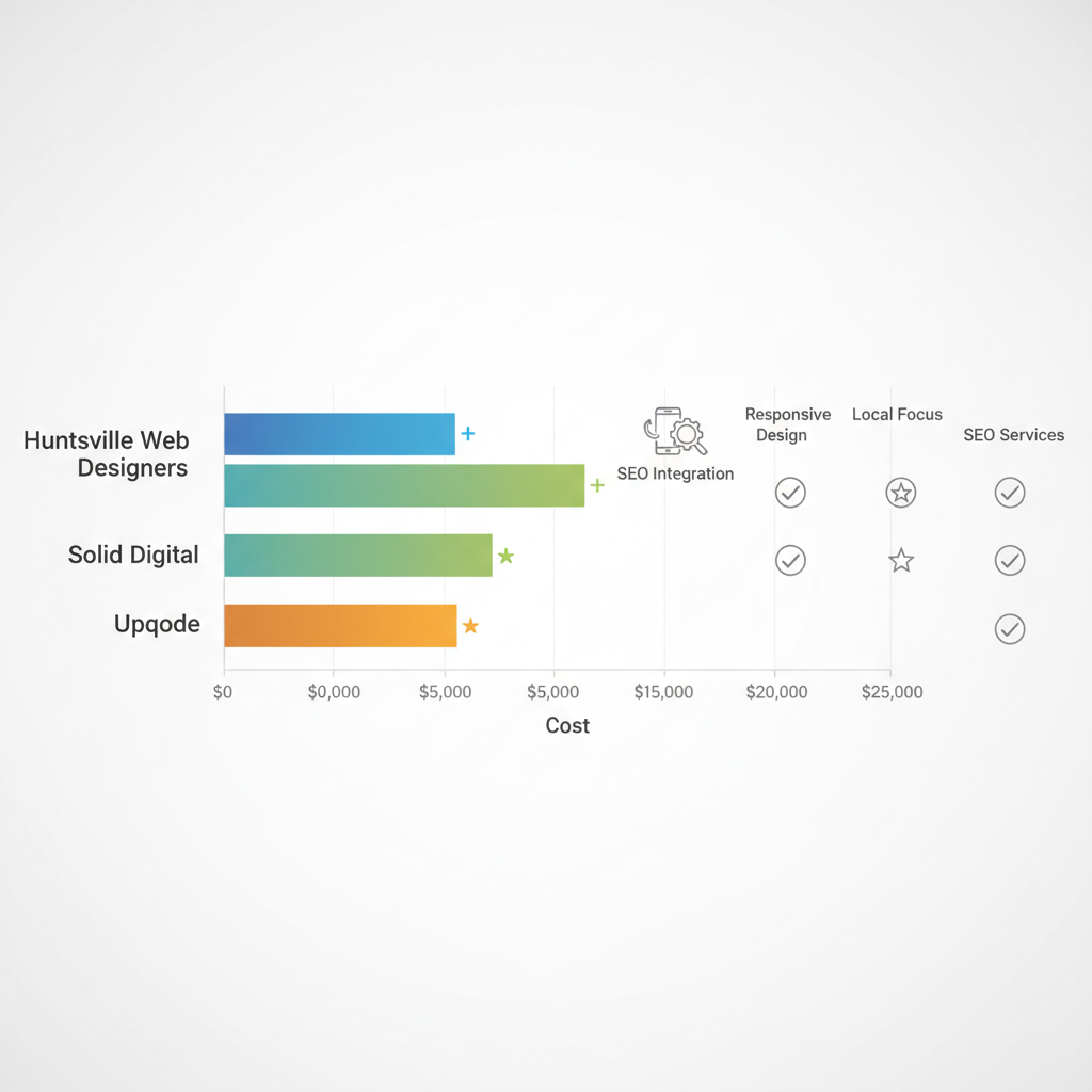 Comparison chart of Huntsville web design agencies showing pricing ranges, services icons, local focus, and SEO integration.