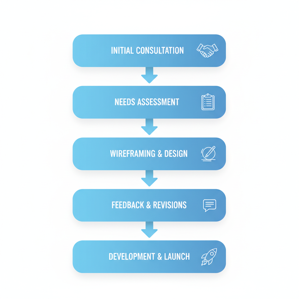 Vertical process flow diagram for starting a web design project in Huntsville showing five key stages with icons.