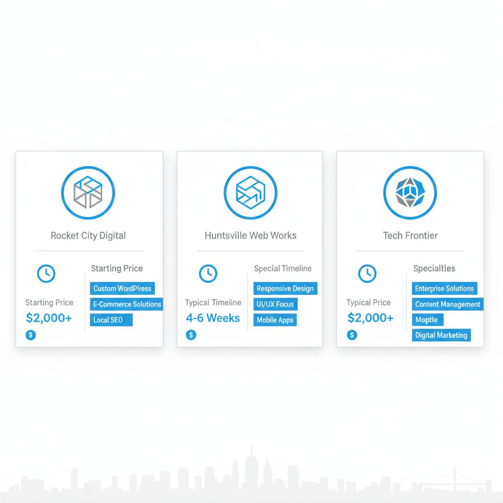 Infographic comparing key features of top web design companies in Huntsville, including pricing, timelines, and specialties