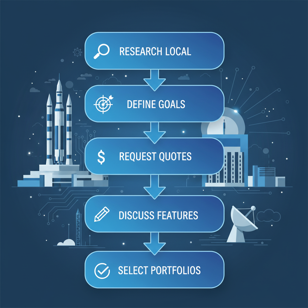 Vertical process flow diagram illustrating five steps to begin a web design project in Huntsville with icons and blue rounded stages.