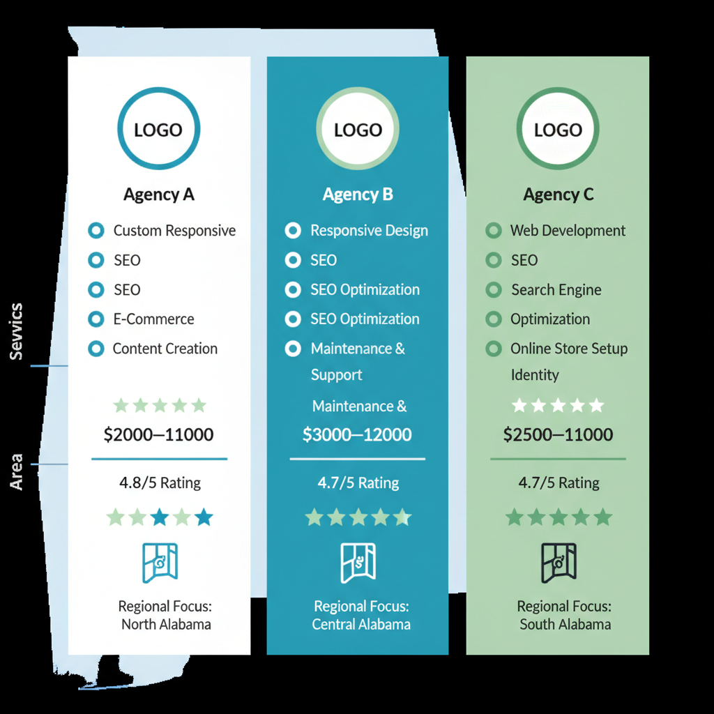 Infographic comparing services, pricing, and ratings of top three web design agencies in Alabama