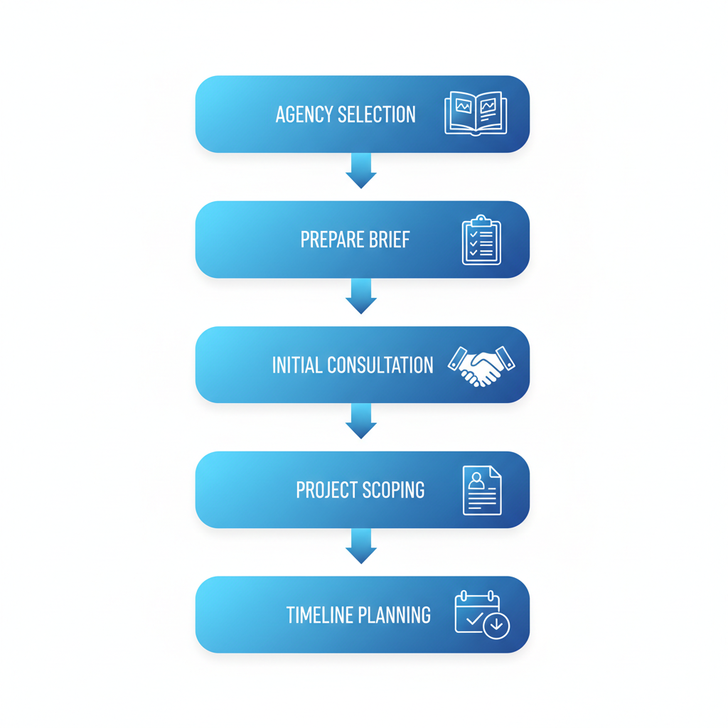 Vertical diagram showing five steps to launch a web design project: agency selection, prepare brief, initial consultation, project scoping, and timeline planning.