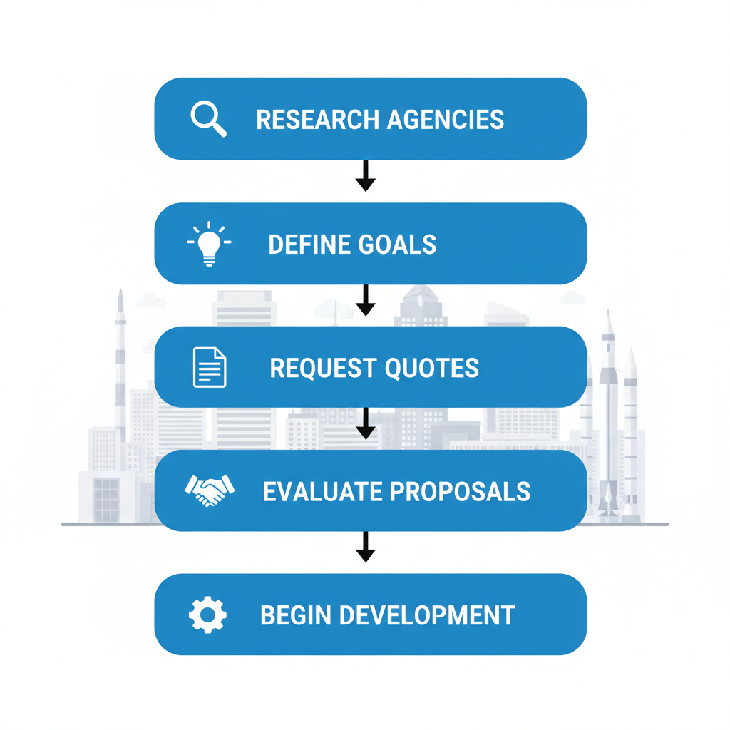 Vertical process flow diagram illustrating five steps to begin a web design project in Huntsville with icons and subtle skyline background