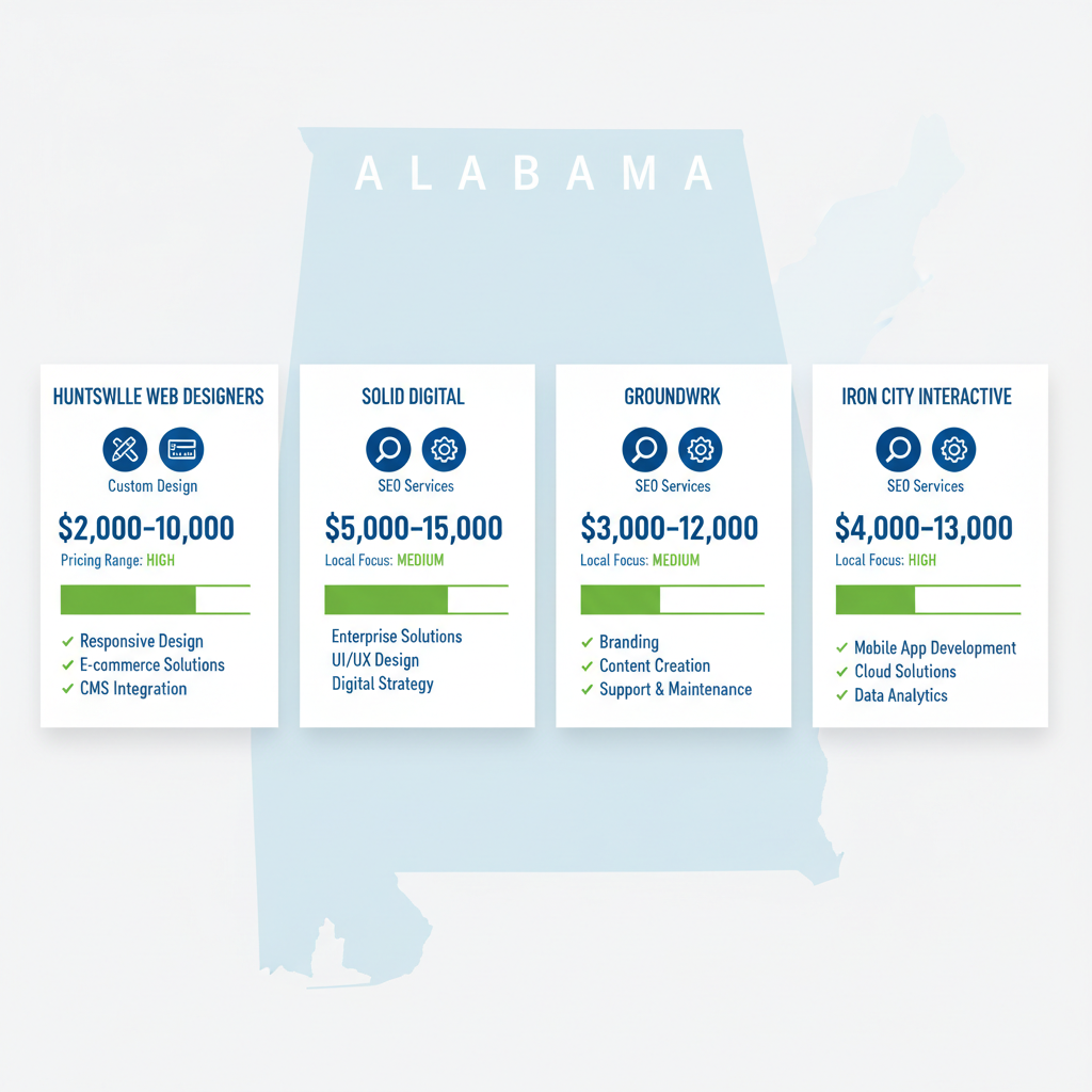 Infographic comparing top web design agencies in Alabama including services, pricing, local focus, and features.