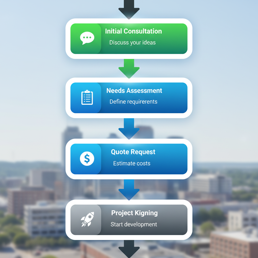Vertical process flow diagram showing five steps to start web design in Huntsville: consultation, assessment, quote, contract, and kickoff.