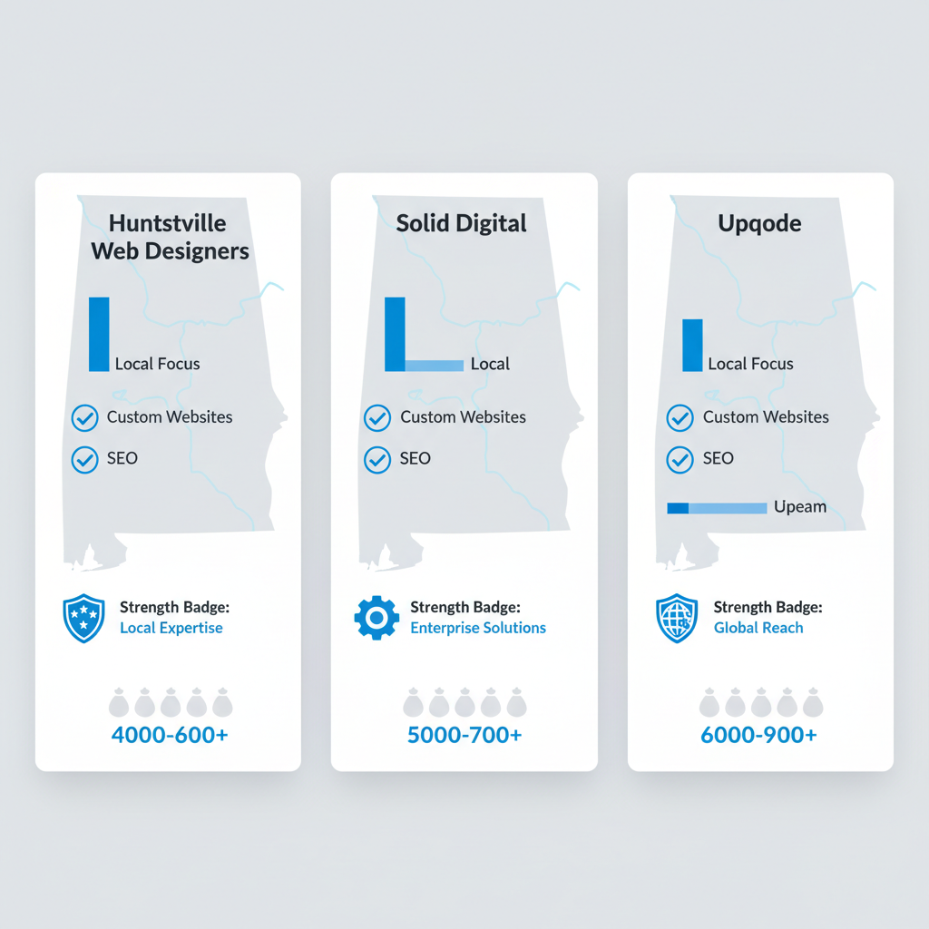 Infographic comparing top web development agencies in Alabama: Huntsville Web Designers, Solid Digital, and Upqode, highlighting services, pricing, local focus, and strengths.