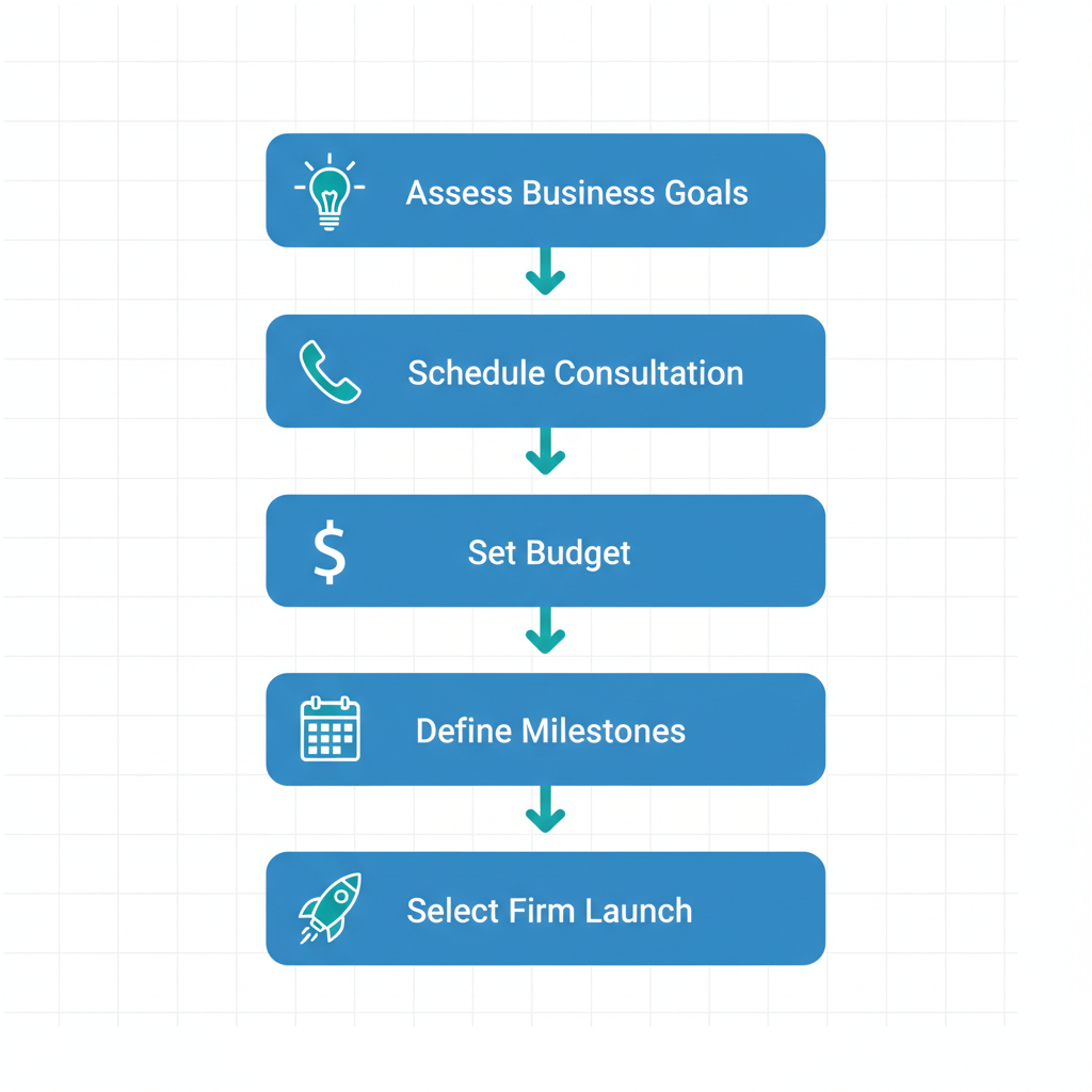 Vertical process flow diagram showing five steps to start web development in Alabama with icons and labels.