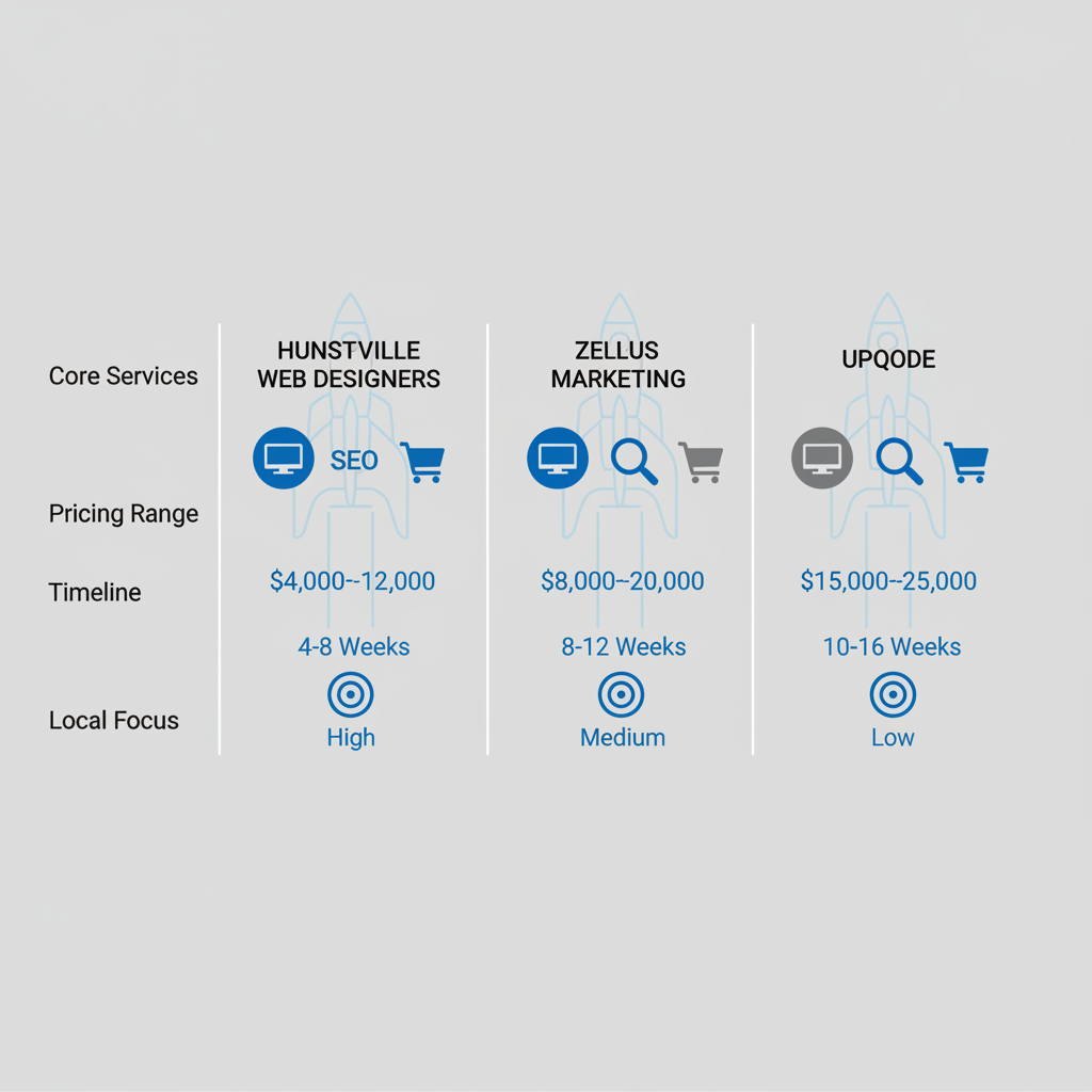 Infographic comparing top Huntsville web design agencies by services, pricing, timeline, and local focus