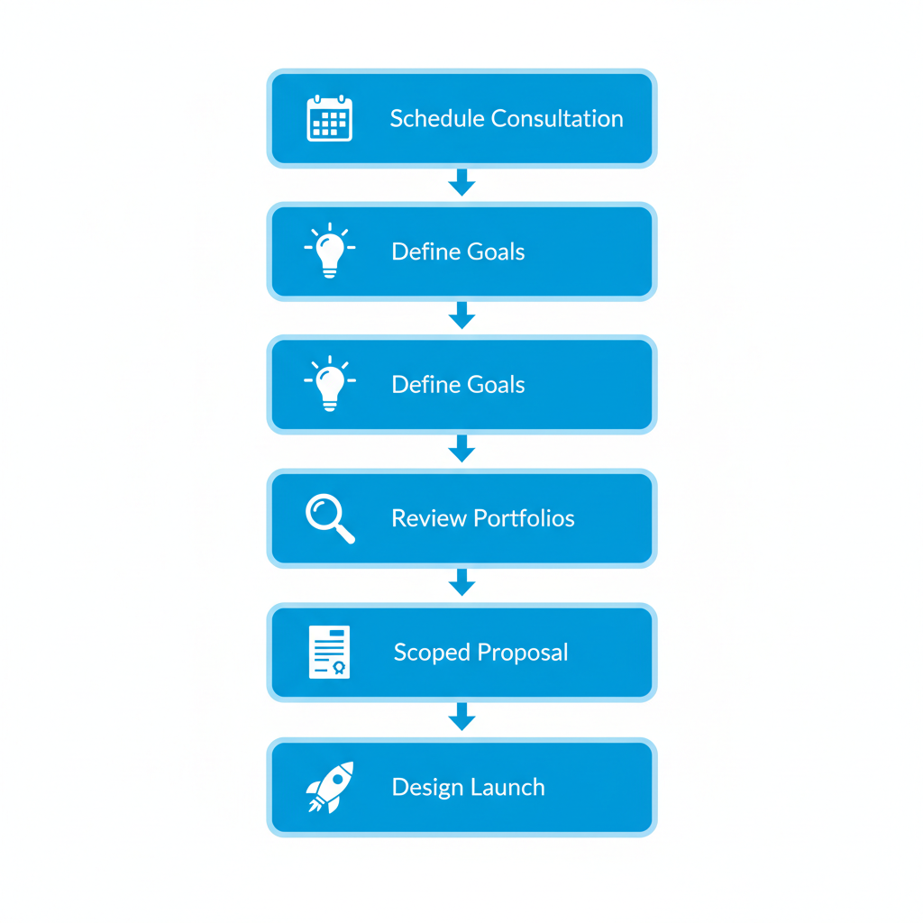 Vertical process flow diagram showing five steps for launching a custom website in Huntsville, Alabama