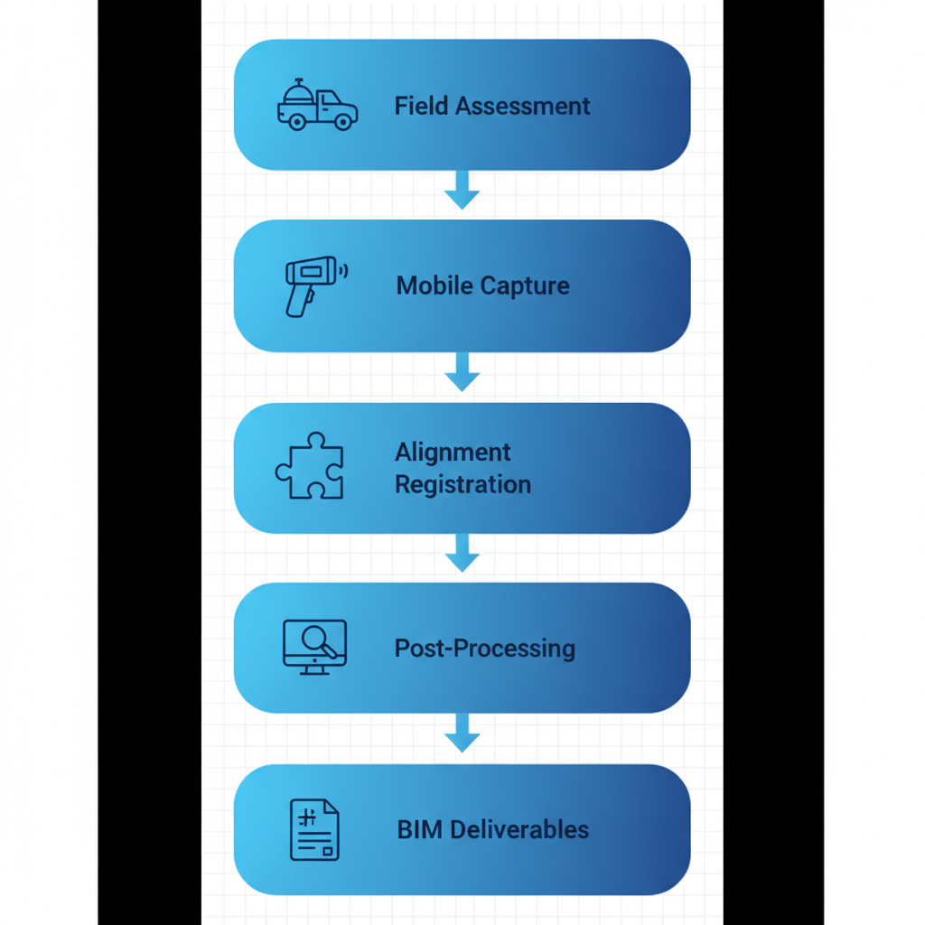 Vertical process flow diagram of BuildScan3D's 3D scanning service stages from field assessment to BIM deliverables.