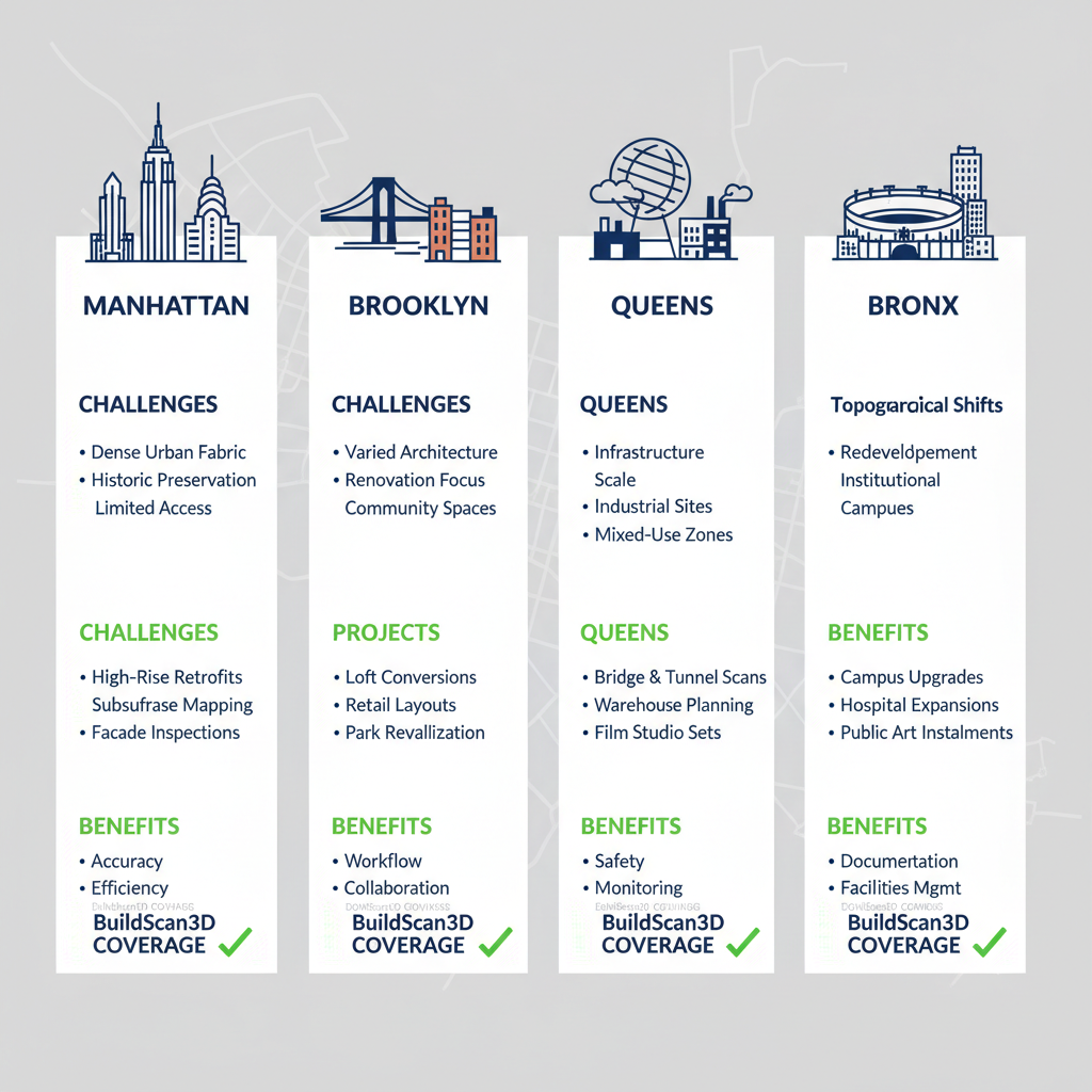 Infographic showing 3D scanning challenges and solutions for Manhattan, Brooklyn, Queens, and Bronx in New York City.