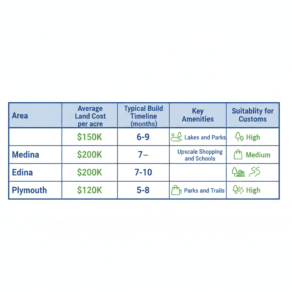 Table comparing Medina, Edina, and Plymouth for custom home building with land costs, timelines, amenities, and suitability.