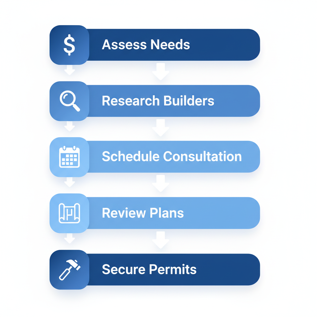 Vertical process flow diagram illustrating five steps to start a custom home project in the Twin Cities with icons and labels.