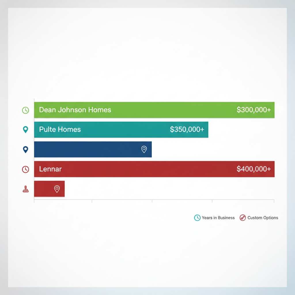 Infographic bar chart comparing starting prices and key features of three Twin Cities home builders: Dean Johnson Homes in green, Pulte Homes in blue, and Lennar in red, with icons for experience, locality, and customization.