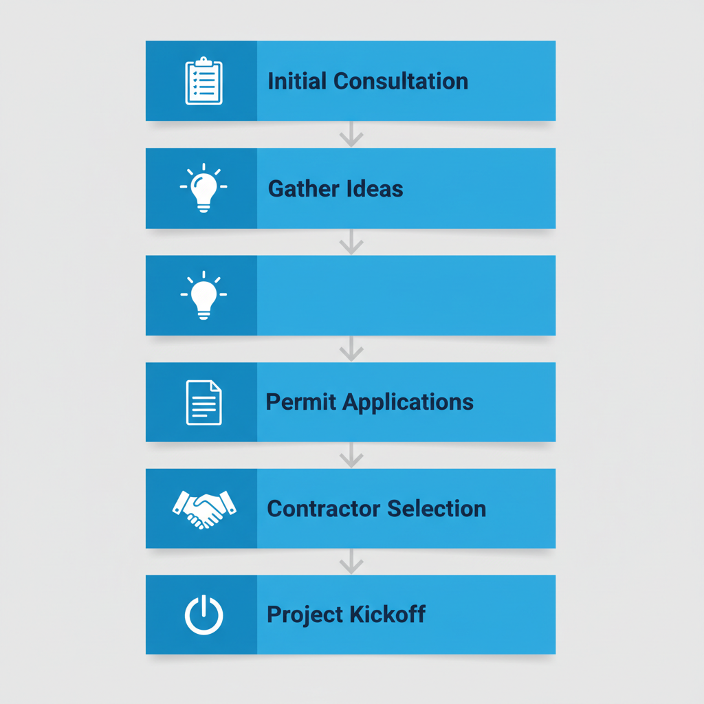 Vertical process flow diagram illustrating five key steps for starting a home addition project, including consultation, idea gathering, permits, selection, and kickoff.