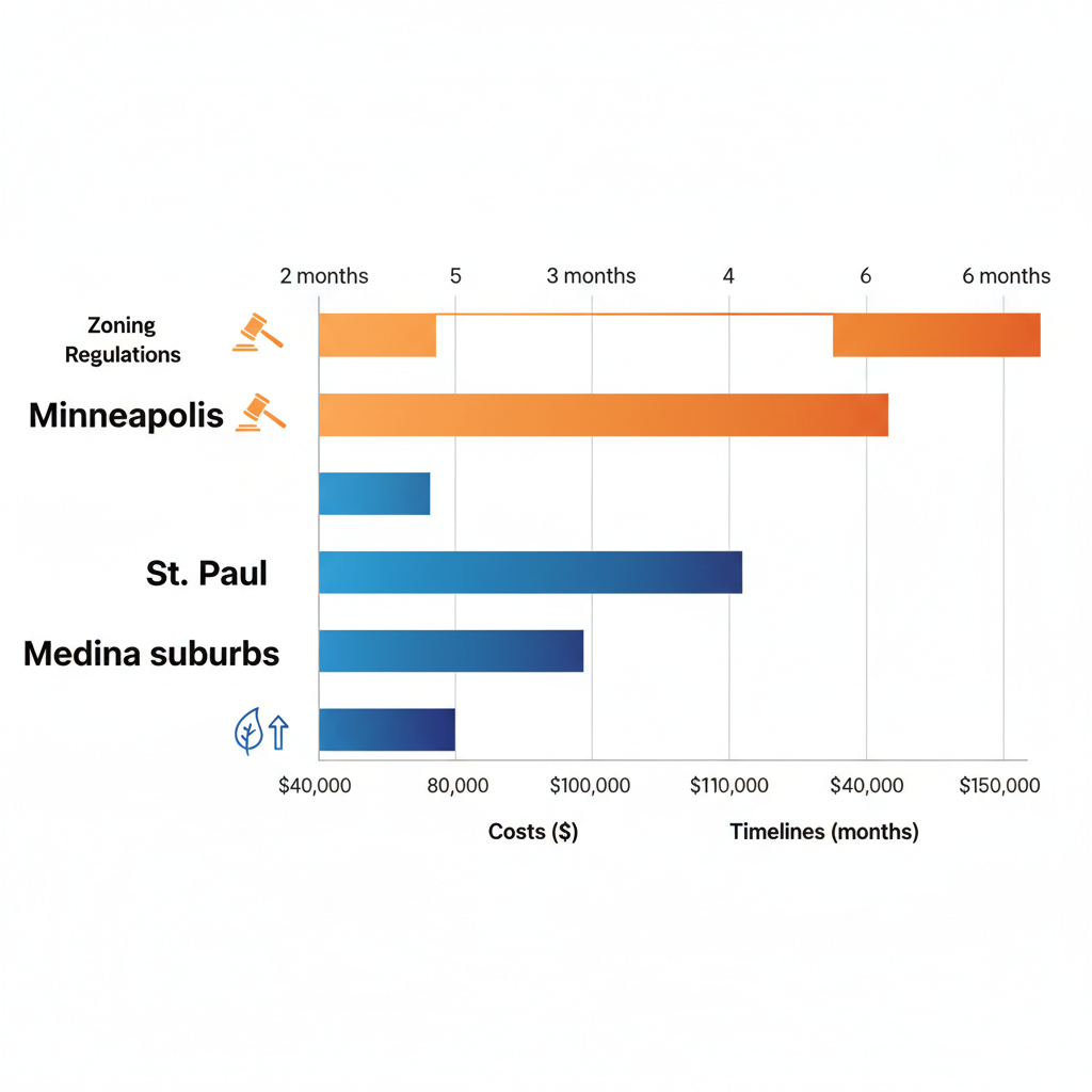 Horizontal bar chart comparing average home addition costs and timelines in Minneapolis, St. Paul, and Medina suburbs, with icons for zoning and energy codes.