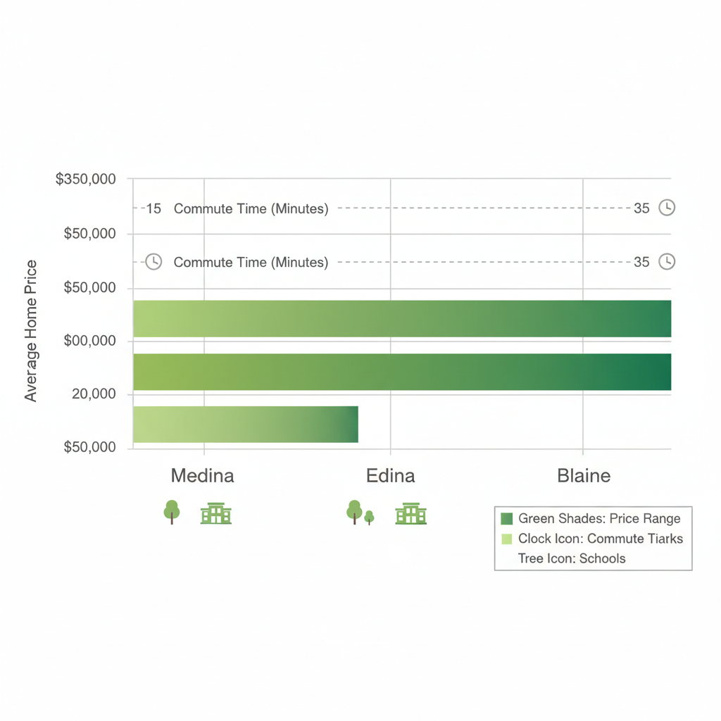 Horizontal bar chart comparing average home prices and commute times in Medina, Edina, and Blaine neighborhoods of the Twin Cities, with amenity icons.
