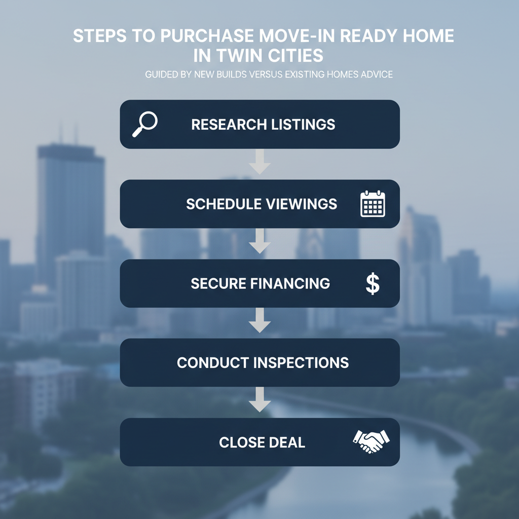 Vertical process flow diagram illustrating five steps to buy a move-in ready home in the Twin Cities with icons and arrows.