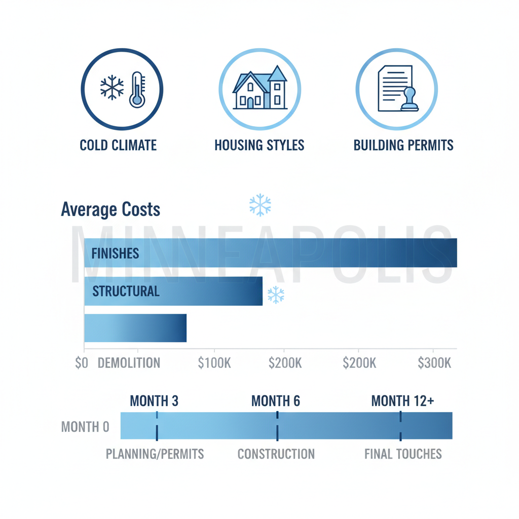 Infographic illustrating key factors, costs, and timelines for full home remodels in Minneapolis