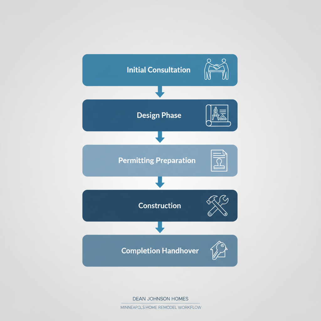 Vertical process flow diagram illustrating the five steps of a full home remodel in Minneapolis: consultation, design, permitting, construction, and completion.