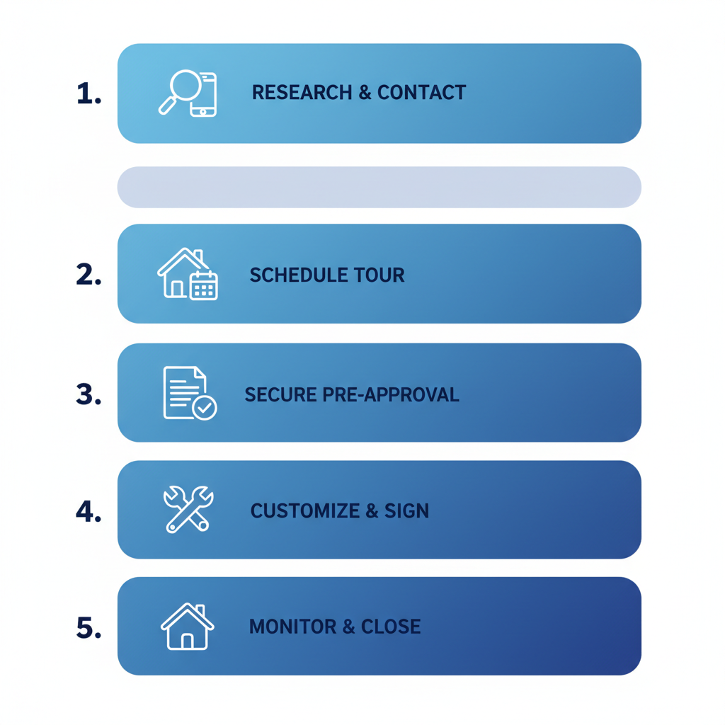 Vertical process flow illustrating five steps to purchase a townhome in the Twin Cities with icons and labels