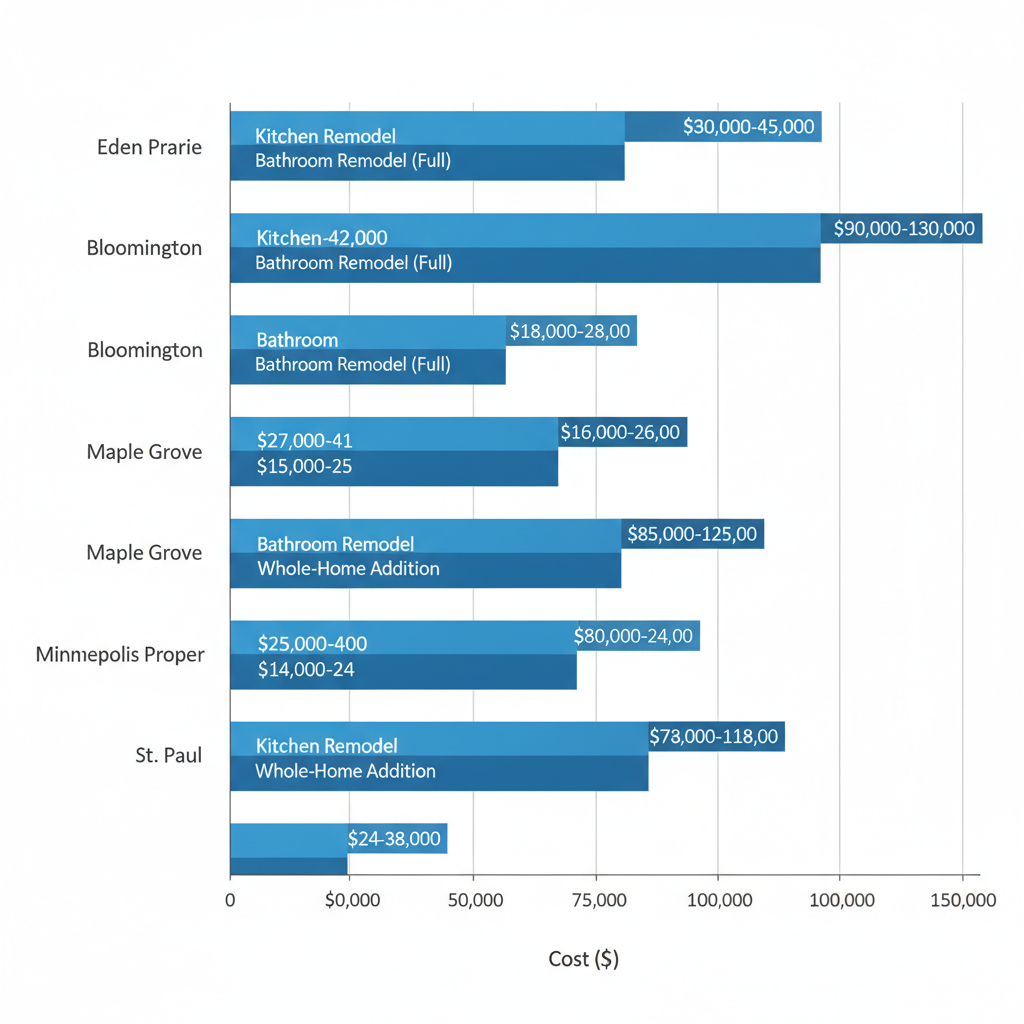Bar chart comparing kitchen, bathroom, and whole-home remodeling costs in five Twin Cities neighborhoods
