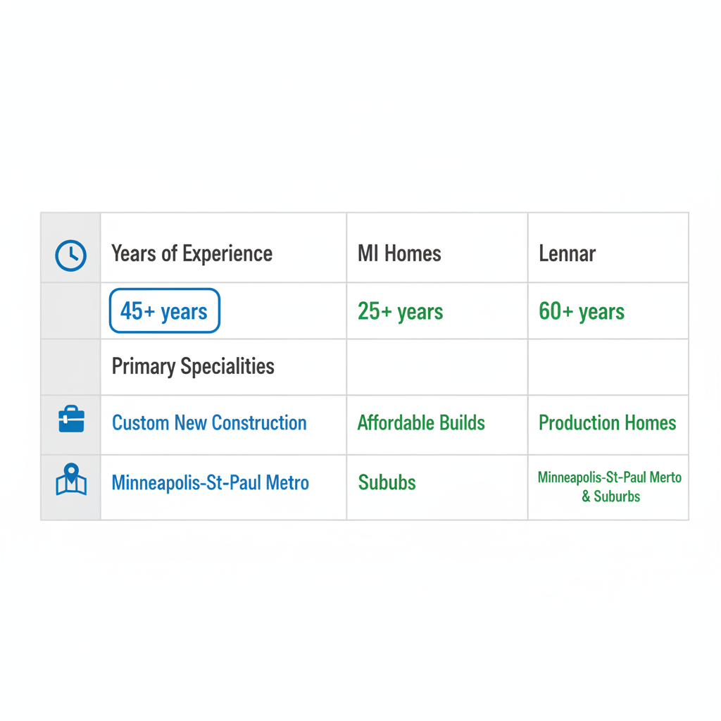 Infographic table comparing top home builders in Minneapolis by experience, specialties, and service areas