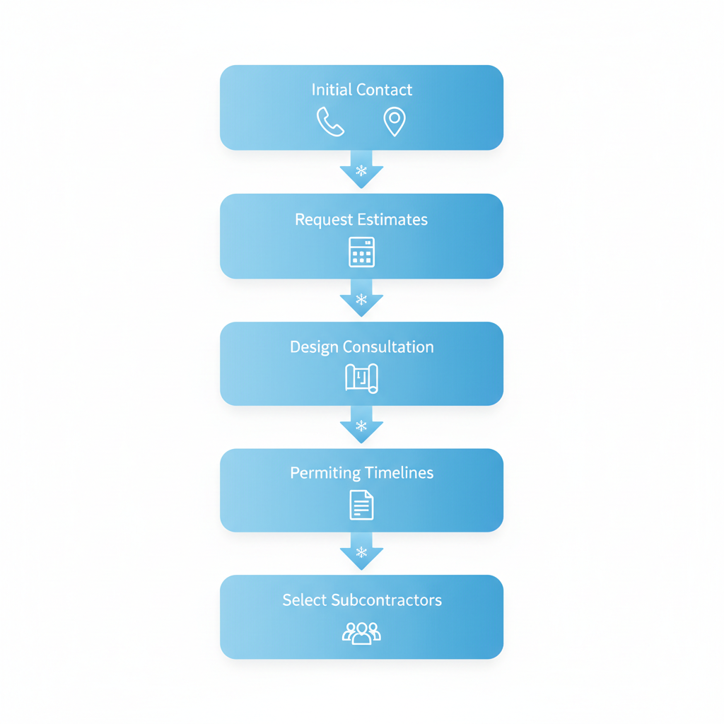 Vertical process flow diagram showing five steps to start a home building project: initial contact, request estimates, design consultation, permitting timelines, and select subcontractors with relevant icons.