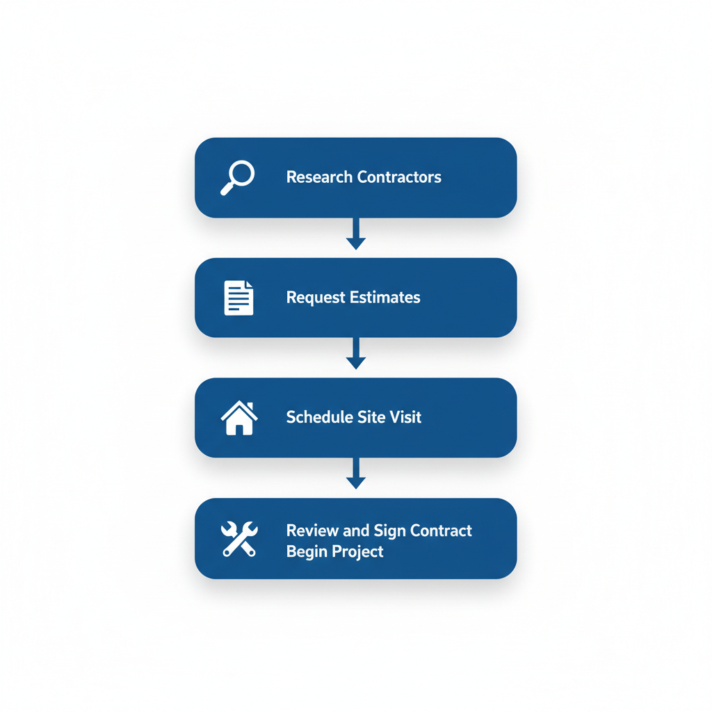 Vertical process flow diagram illustrating five steps for starting a home remodeling project in Minnesota: research contractors, request estimates, schedule site visit, review contract, and begin project.