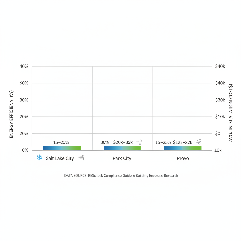 Horizontal bar chart comparing energy efficiency and installation costs for building envelopes in Salt Lake City, Park City, and Provo regions.