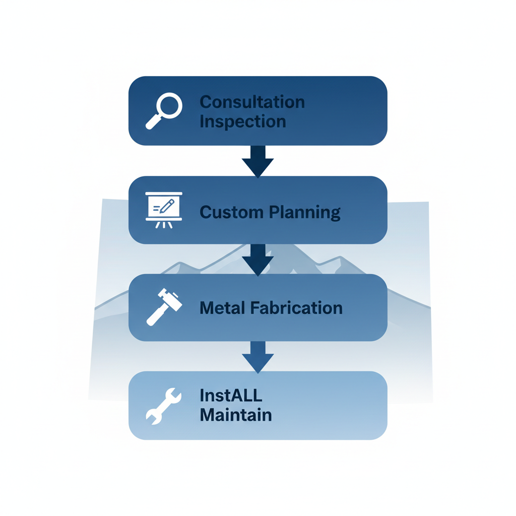 Vertical process flow diagram illustrating four stages of building envelope services in Utah: consultation and inspection, custom design and planning, metal roofing fabrication, installation and maintenance.