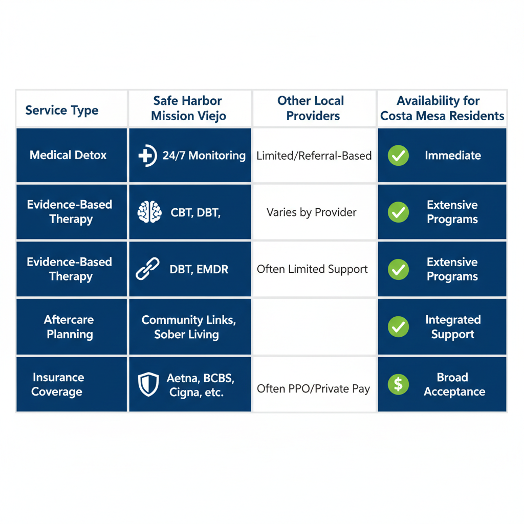 Infographic comparing drug and alcohol rehab services in Costa Mesa, featuring Safe Harbor Treatment Center options and availability.