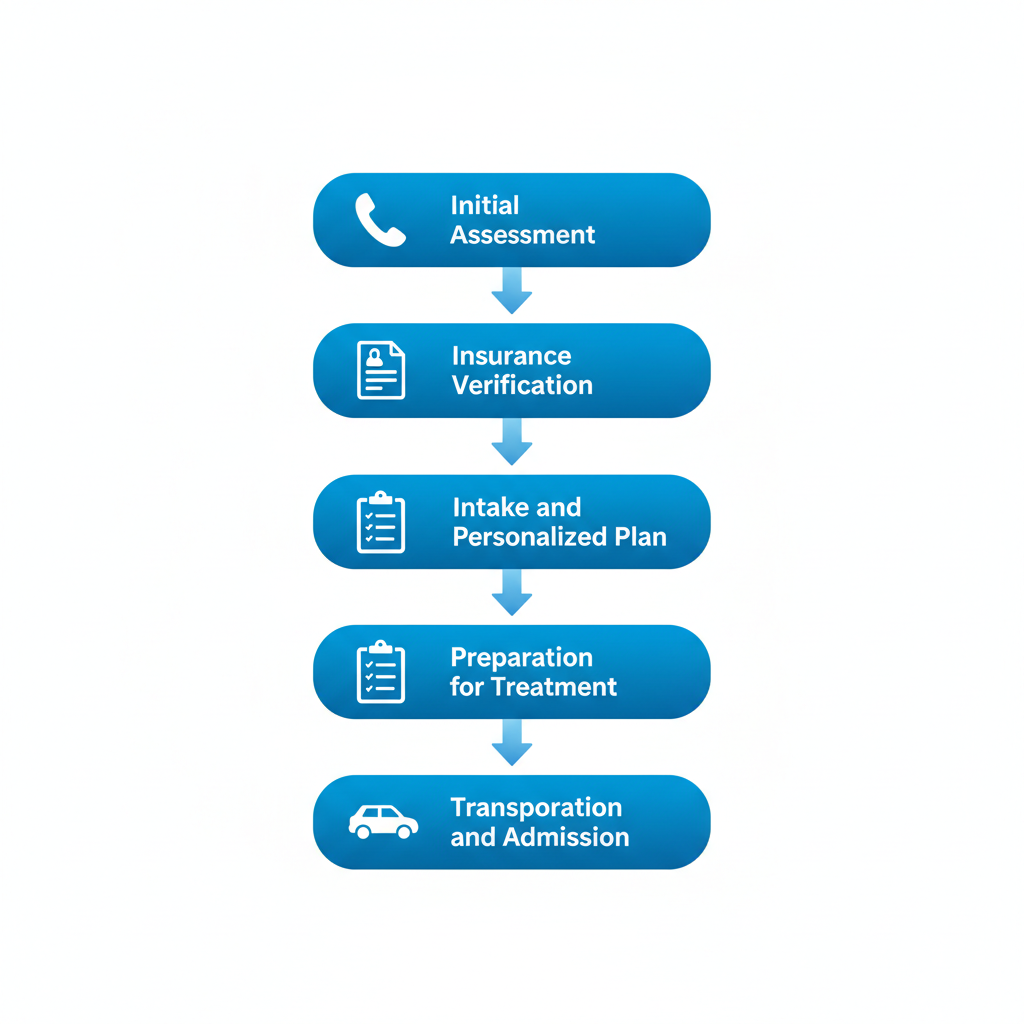 Vertical process flow diagram showing five steps to start drug rehab treatment: initial assessment, insurance verification, intake and plan, preparation, and transportation to Safe Harbor Treatment Center.